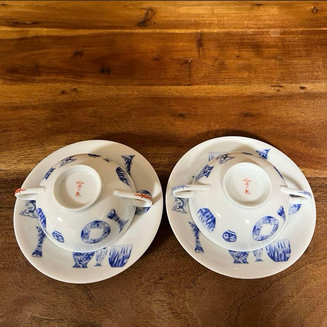未使用⭐️廃盤⭐️深川製磁 ブルーチャイナ ペア スープカップ&ソーサー⭐️希少
