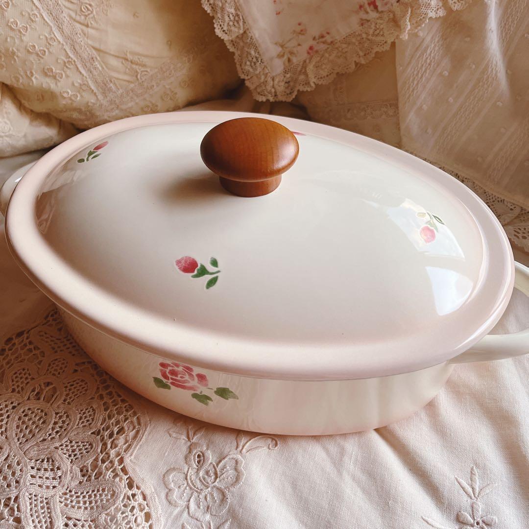 お値下げ♡マニーローズホーロー両手鍋イマンローズバスケット薔薇琺瑯ニトリイケア