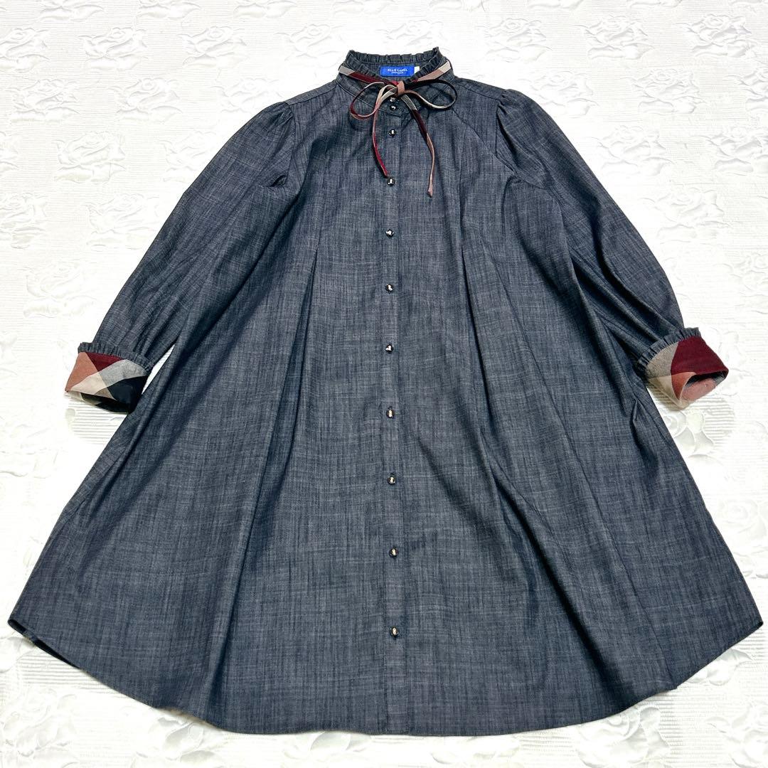 極美品❤︎ブルーレーベル シャンブレー Aライン ワンピース ボウタイ ストレッチ