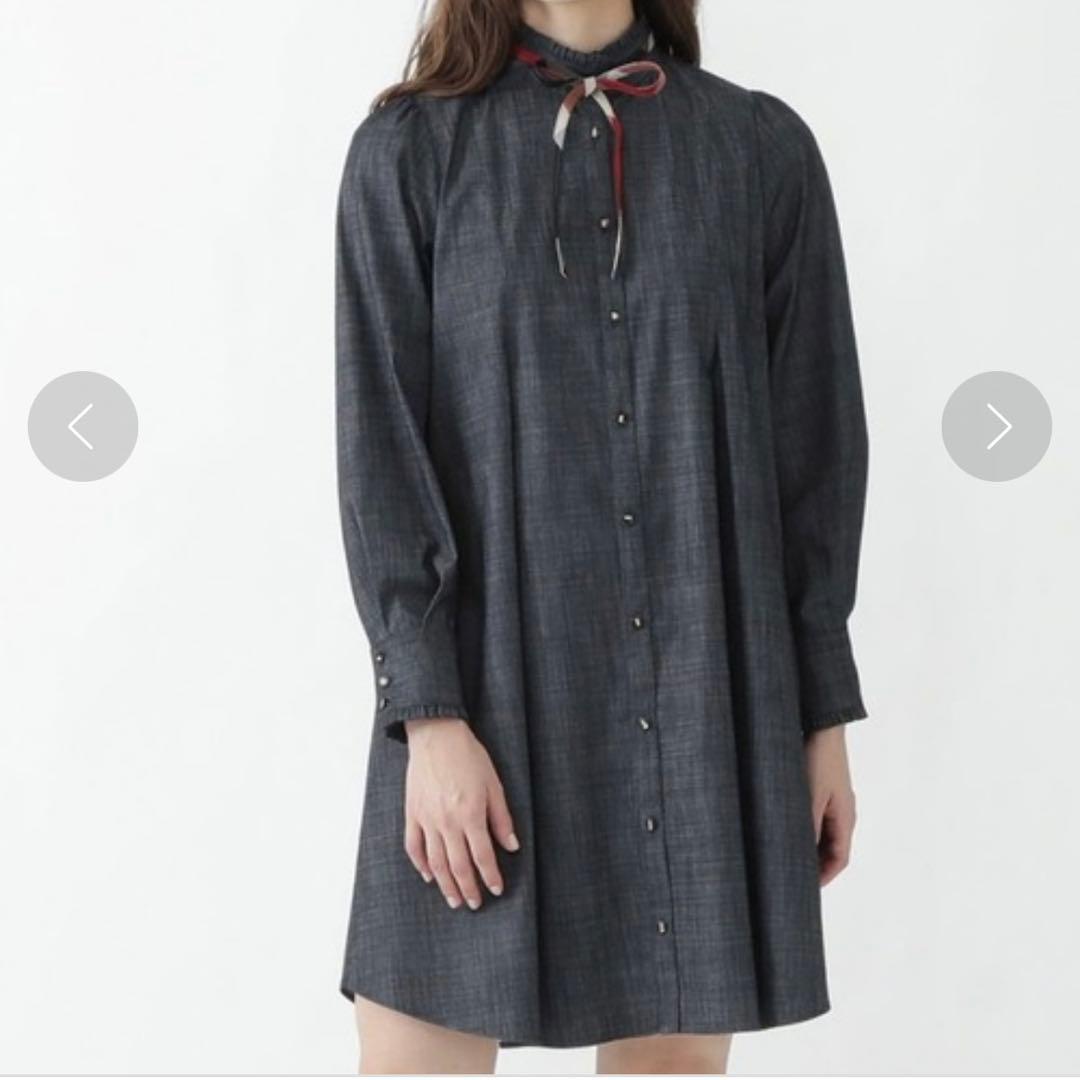 極美品❤︎ブルーレーベル シャンブレー Aライン ワンピース ボウタイ ストレッチ