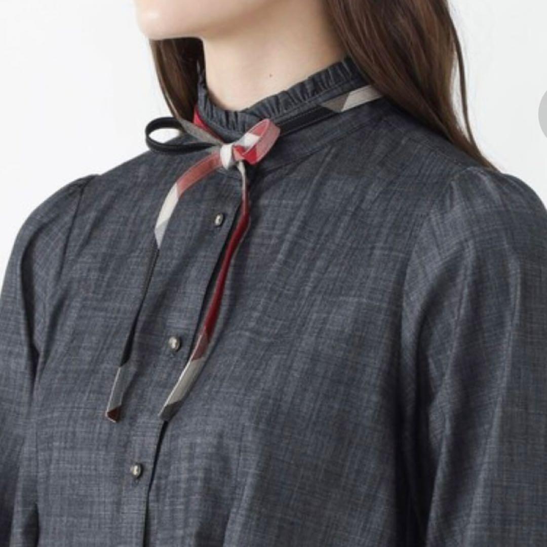 極美品❤︎ブルーレーベル シャンブレー Aライン ワンピース ボウタイ ストレッチ