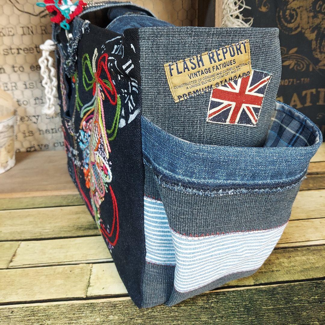 【Kal】大きな刺繍デニムバック　No.651　デニムリメイク　特大バック