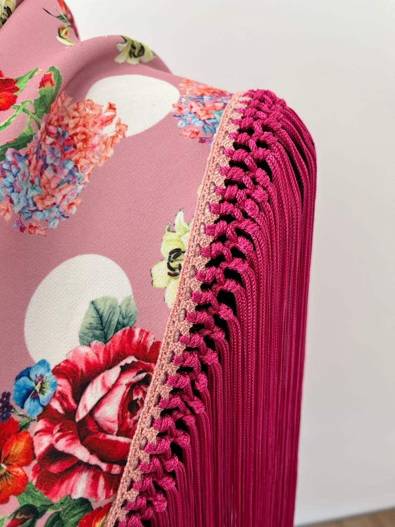 フラメンコ　マントンシージョ　ピンク花柄x水玉　フクシアピンクフレコ