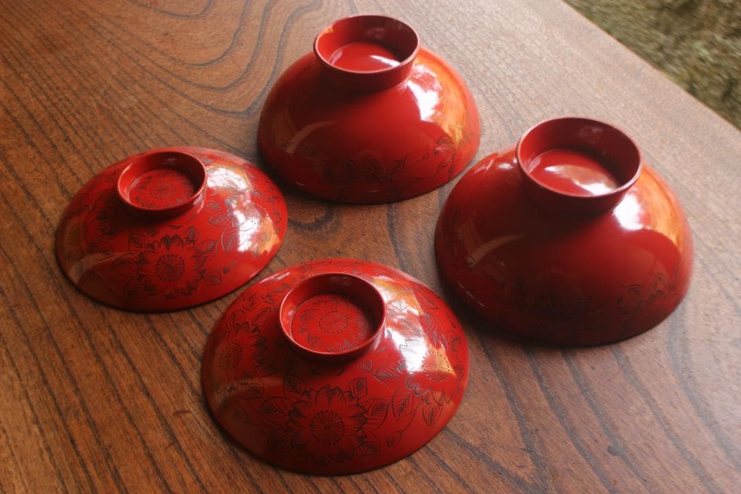 デッドストック！上質朱漆に極上沈黒桜文の映えるお椀2点（検輪島塗懐石椀雑煮椀