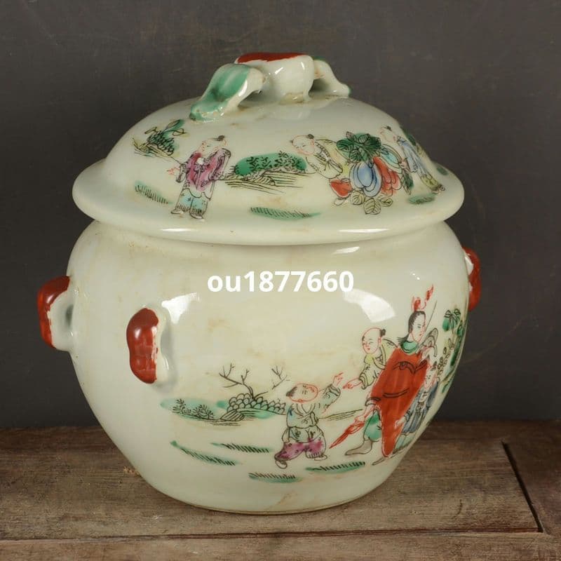 景徳鎮 童子戯れ人物蓋缶 陶磁器 装飾品 現代工芸品 美術品 置物