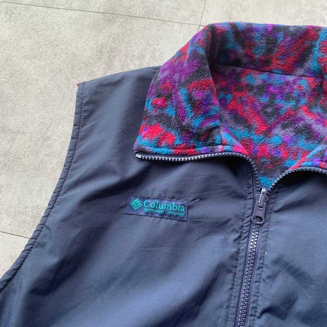 90s Columbia フリース ナイロンベスト リバーシブル 総柄 USA製