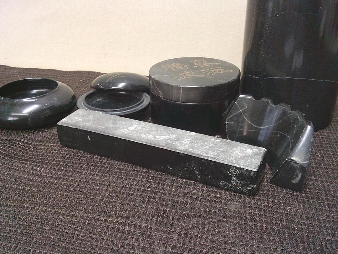 【大理石文房具　諸々5点　筆筒　筆置き　容器　筆記用具　筆入・Ｂ１９】水滴　矢立