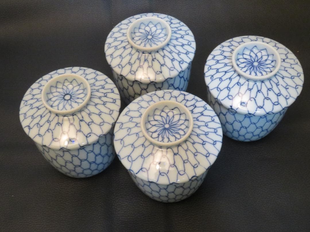 ◆401◆青網蓋付湯呑 芳山 網目　4客 和骨董 japanese craft