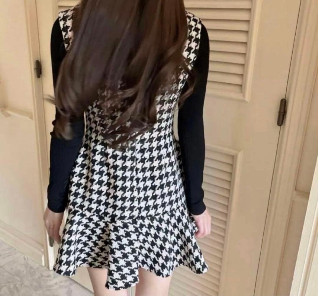 ルミニョン　Lumignon 千鳥柄　ポケット　ファー　ワンピース