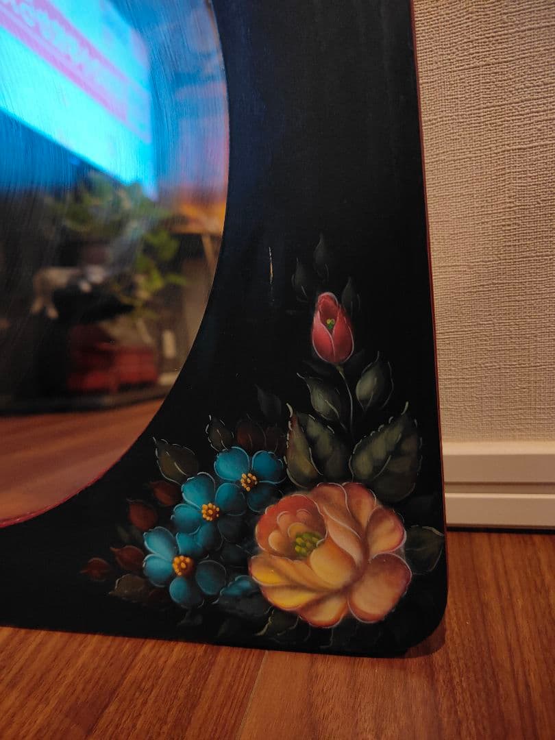 トールペイント 壁掛け鏡 ウォールミラー 手描き ハンドペイント 木製 バラ