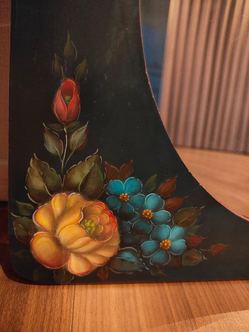 トールペイント 壁掛け鏡 ウォールミラー 手描き ハンドペイント 木製 バラ