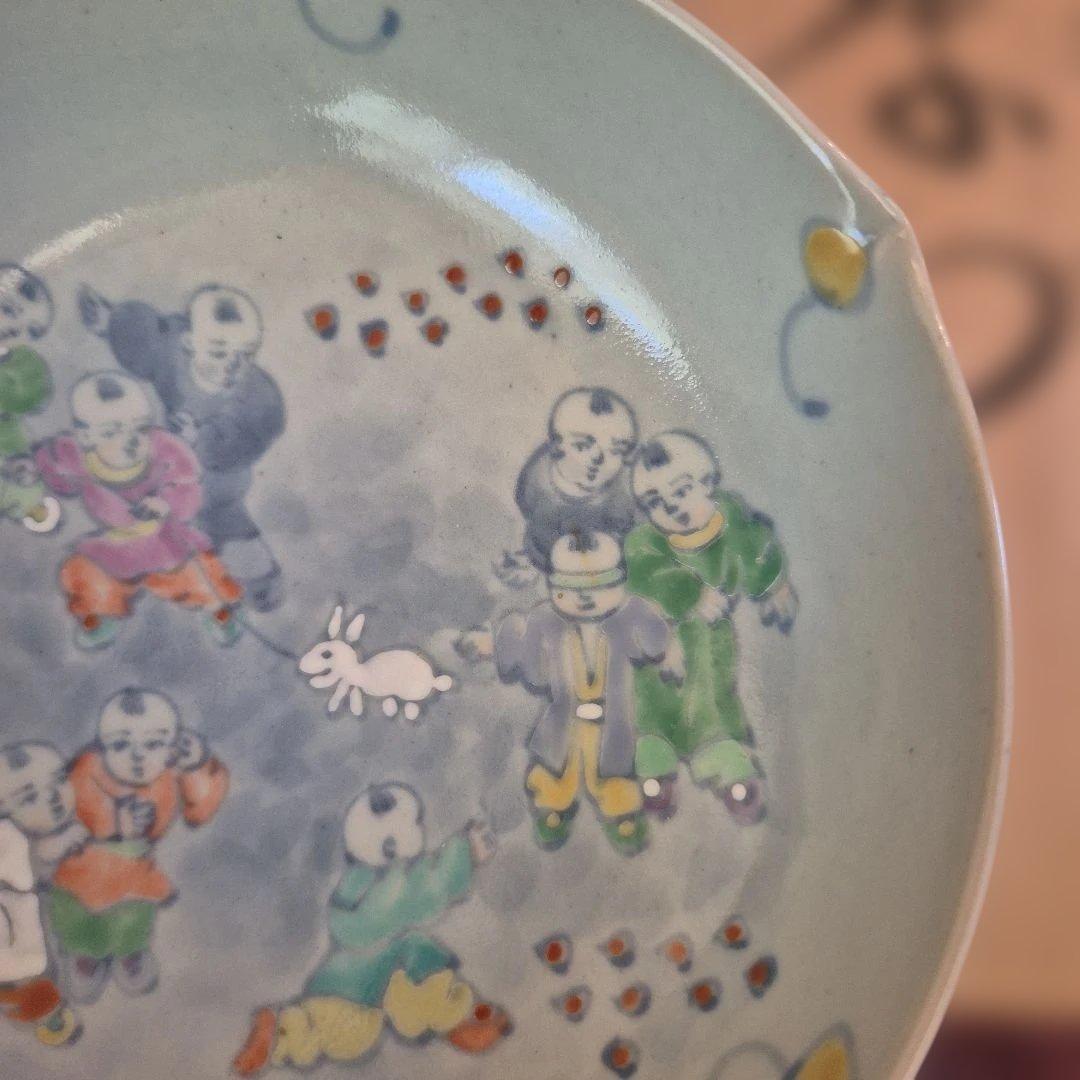 有田焼　佐藤走波　染錦唐子遊図三つなぶり