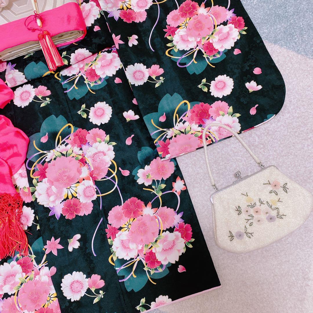 七五三 7歳 着物 帯 ビーズバッグ 草履 小物 セット 黒 ピンク