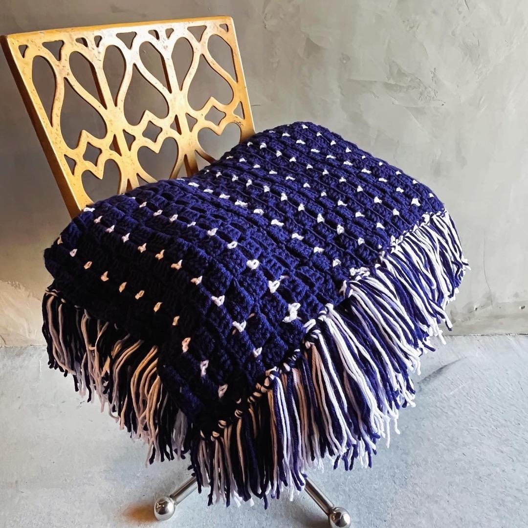 【USA vintage】グラニーブランケット　ネイビー×白