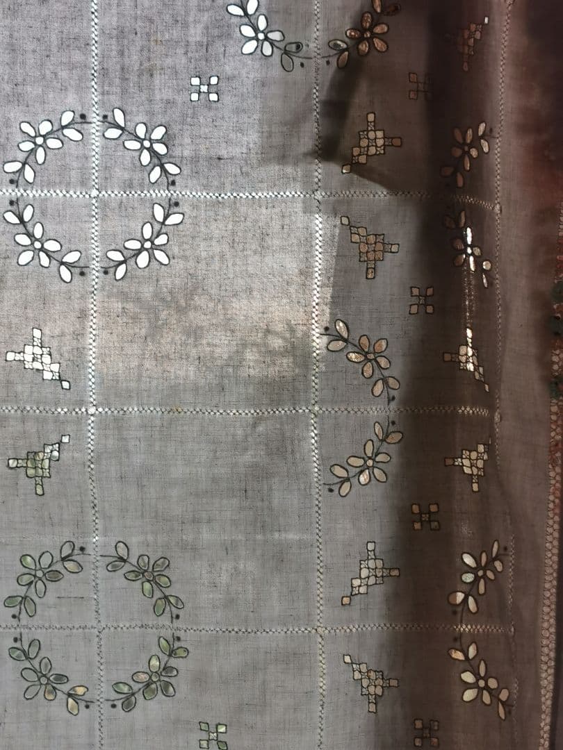 アンティークフランス アングレーズレース モノグラム刺繍＆カットワーク麻クロス