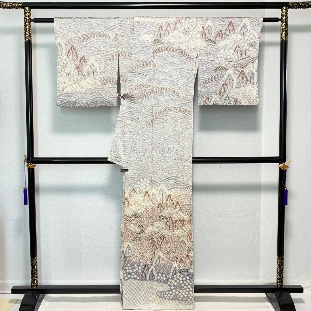 D208 藤娘きぬたや　本総絞り　訪問着　風景　流水　波　正絹　着物　袷　極美品