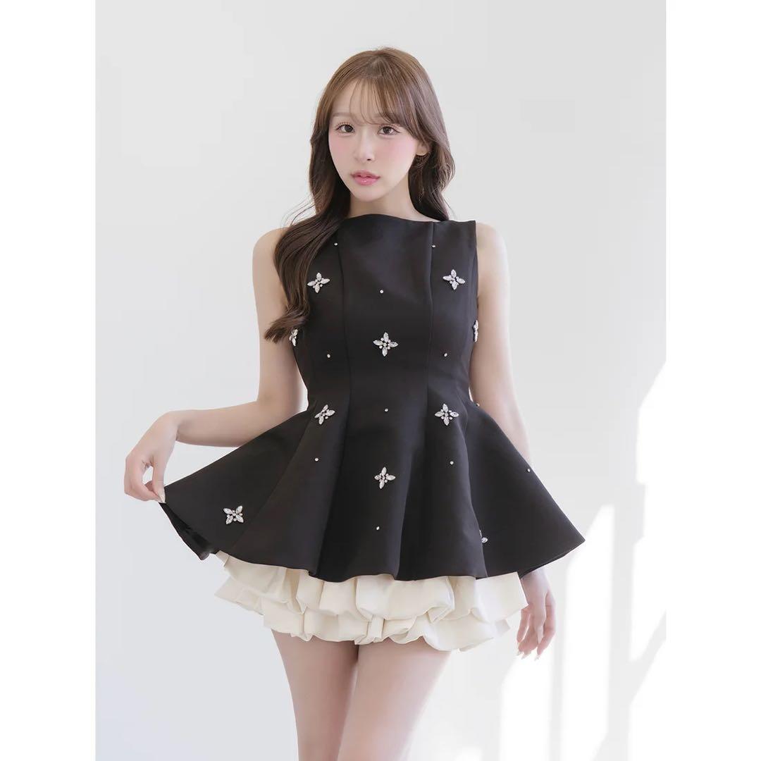 新品タグ付 ダーリッチ ビジューフレアバルーンミニドレス FL ブラック