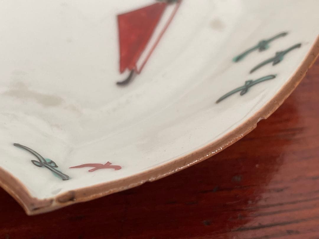 骨董　アンティーク　色絵古九谷　菊図　変形皿　小皿　重陽節句　古九谷　初期伊万里
