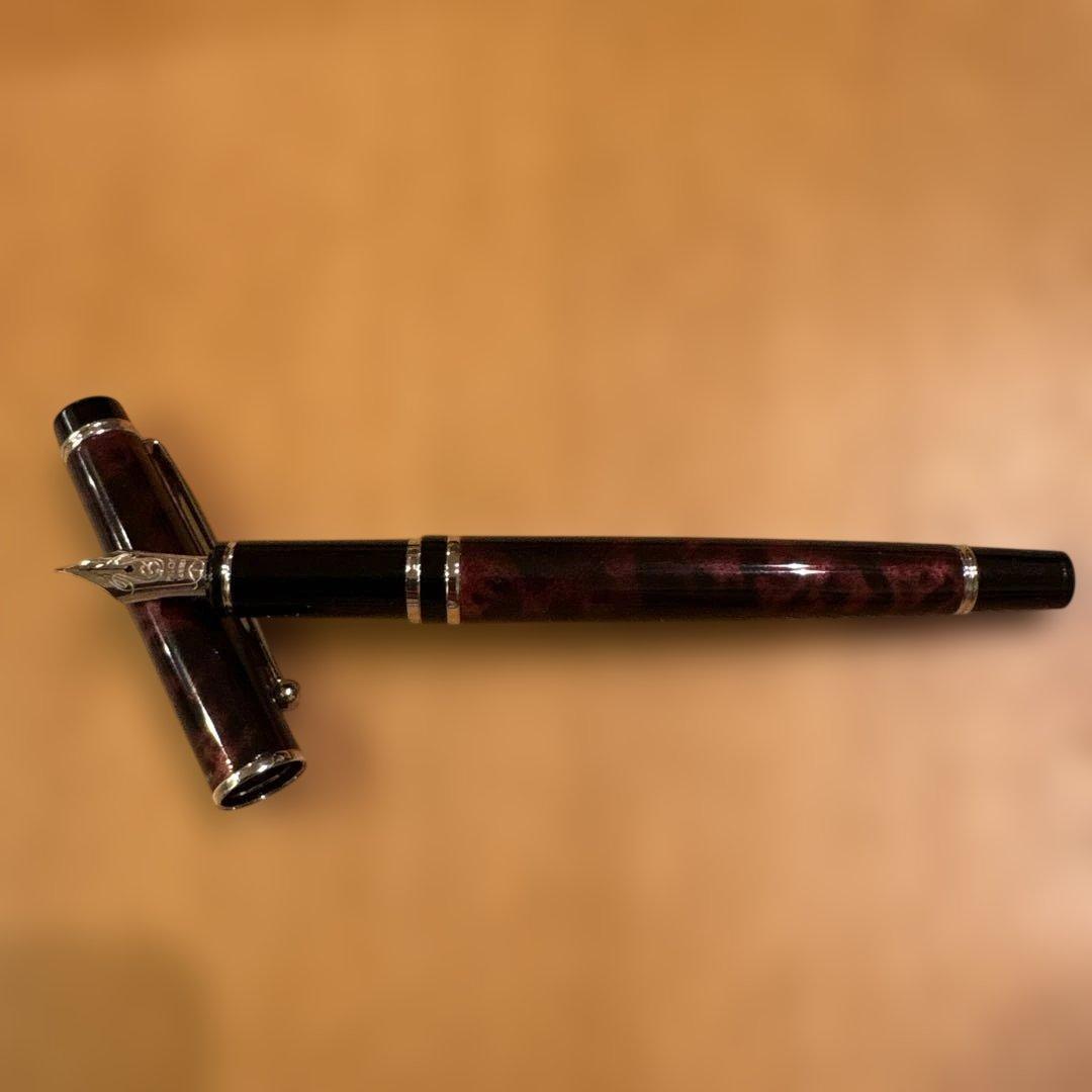 美品　グランセ　ルビーレッド　マーブル　万年筆 細字　１４Ｋ