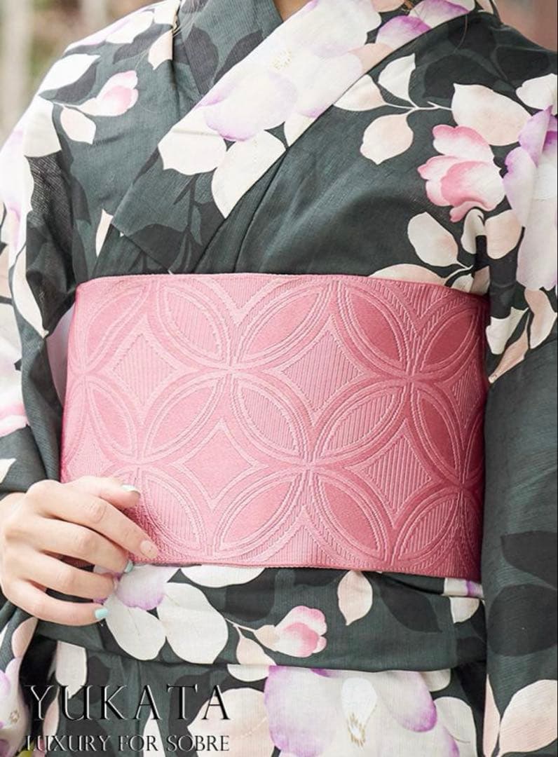 可憐椿柄浴衣 ゆかた 作り帯 セット 下駄 大人っぽい シック 新品　グリーン