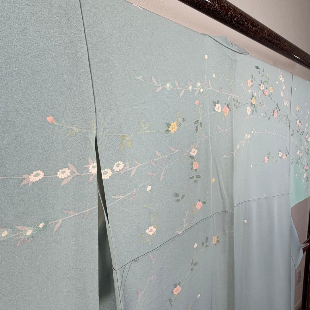 超美品　正絹　訪問着　着物　160　水色　作家物　峰山和生　手書き友禅　紋無し