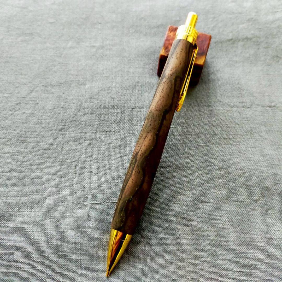 上杢　黒柿孔雀杢　ハンドメイド　木軸シャープペン　0.5mm　天然木　ゴールド