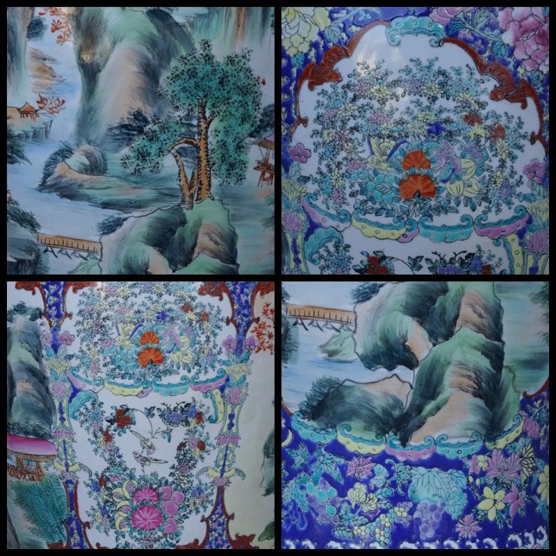 超特大型 景徳鎮製 粉彩色絵窓絵『山水風景孔雀牡丹祥瑞文』飾り壺花瓶高79cm