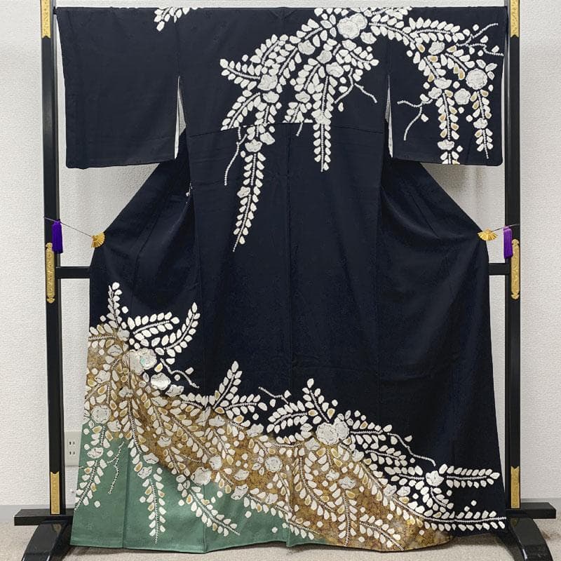 602mh1☆訪問着 辻が花絞り染 金彩 ラメ箔 地紋 黒☆状態良好