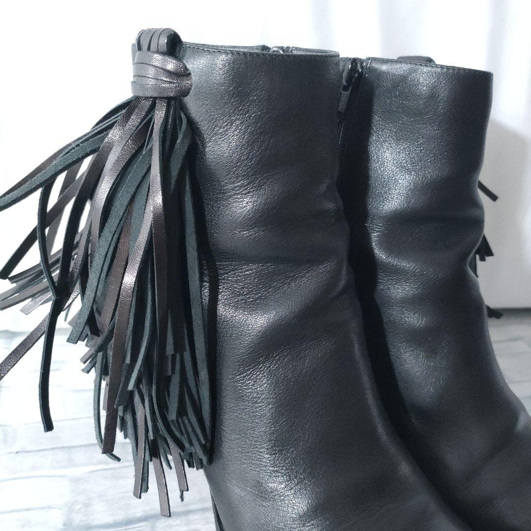 ルブタン　フリンジレザーブーツ　黒　サイドジップ　38