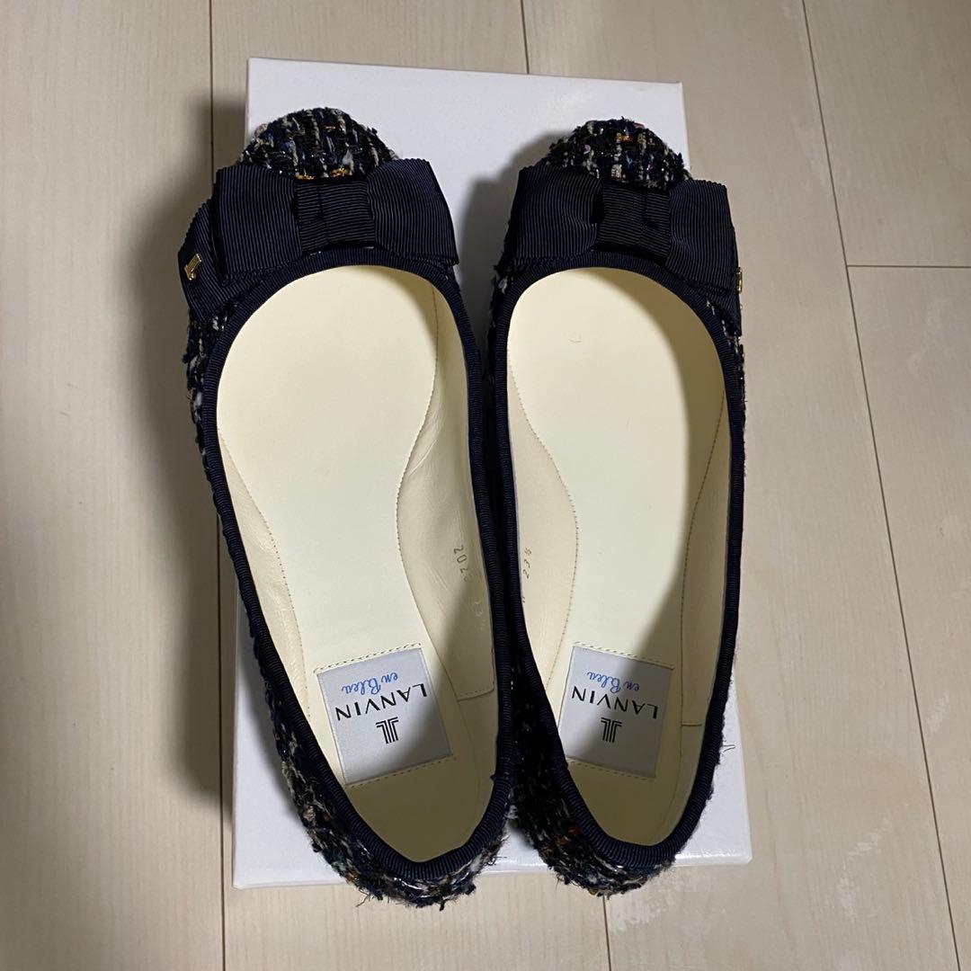LANVINenBleuリボン付ツイードバレエシューズ23.5cm ネイビー