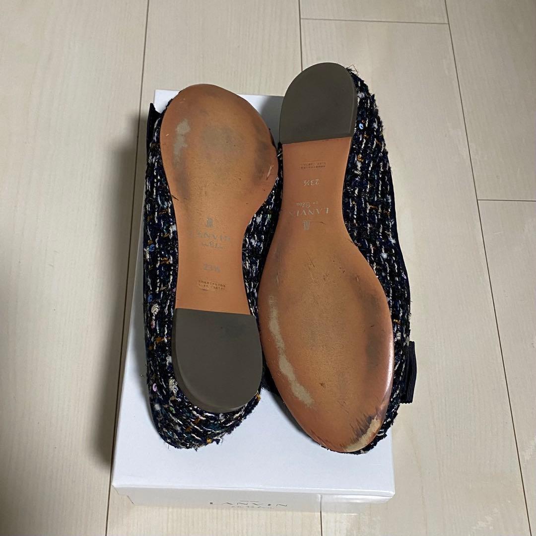 LANVINenBleuリボン付ツイードバレエシューズ23.5cm ネイビー