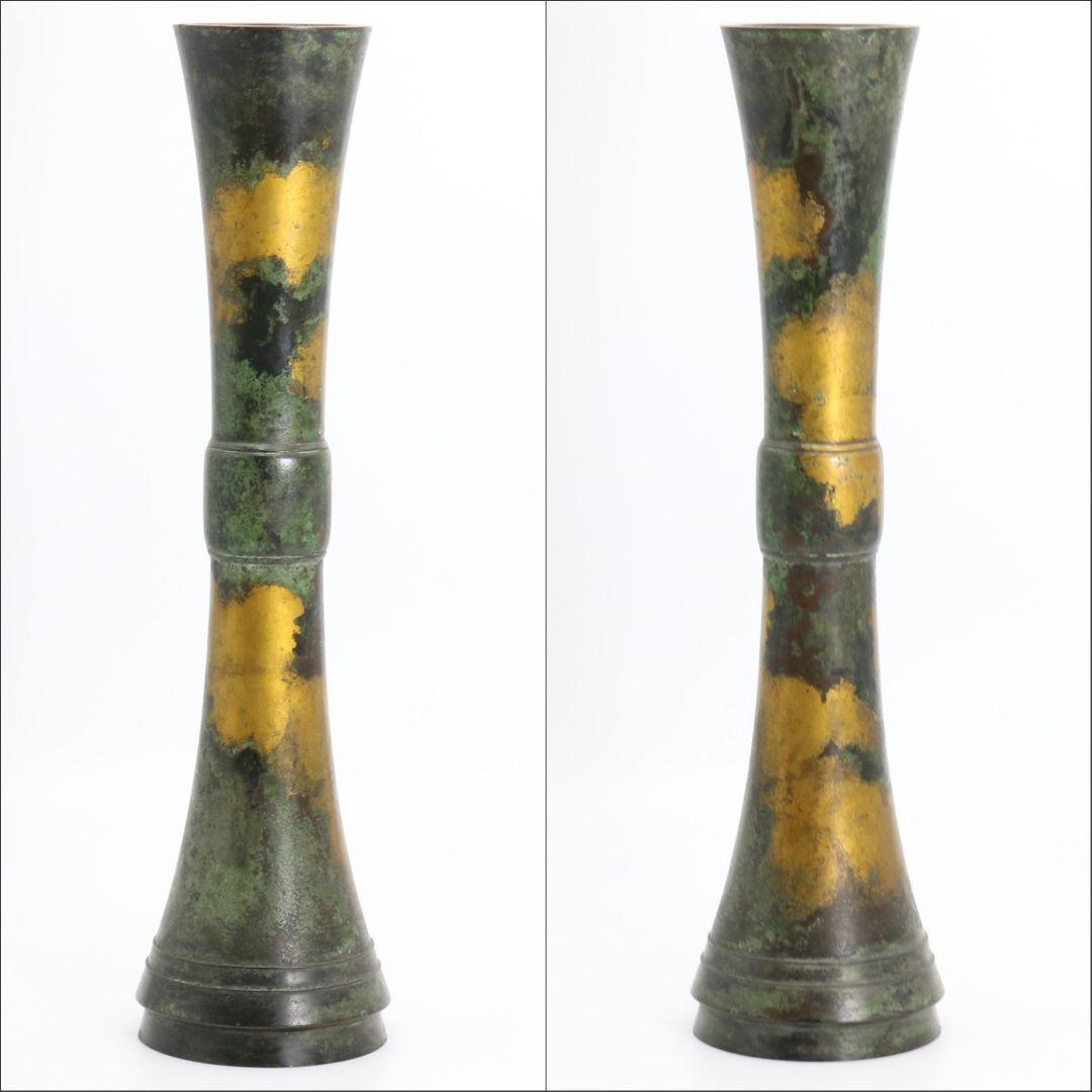 秦蔵六造 立鼓式 塗金銅花器 青銅器 共箱共布 高さ約38.7cm　DX496