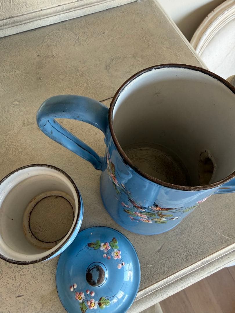 フランスアンティーク激レア！小花と小鳥のハンドペイントホーローコーヒーポット