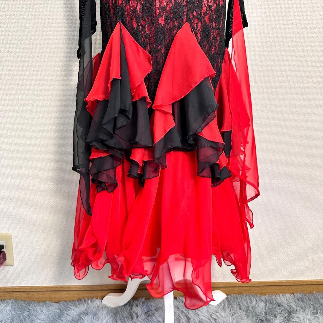フラメンコ　ダンス衣装　ドレス　赤×黒　サイズ表記なし　HR2084