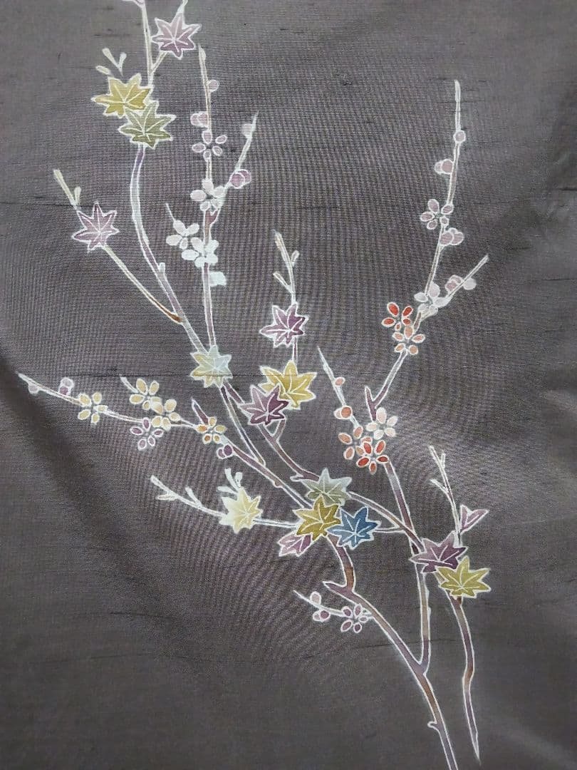 F-288 生紬地付け下げ 未使用 袷 枝花 楓 グレー系紫色 美品