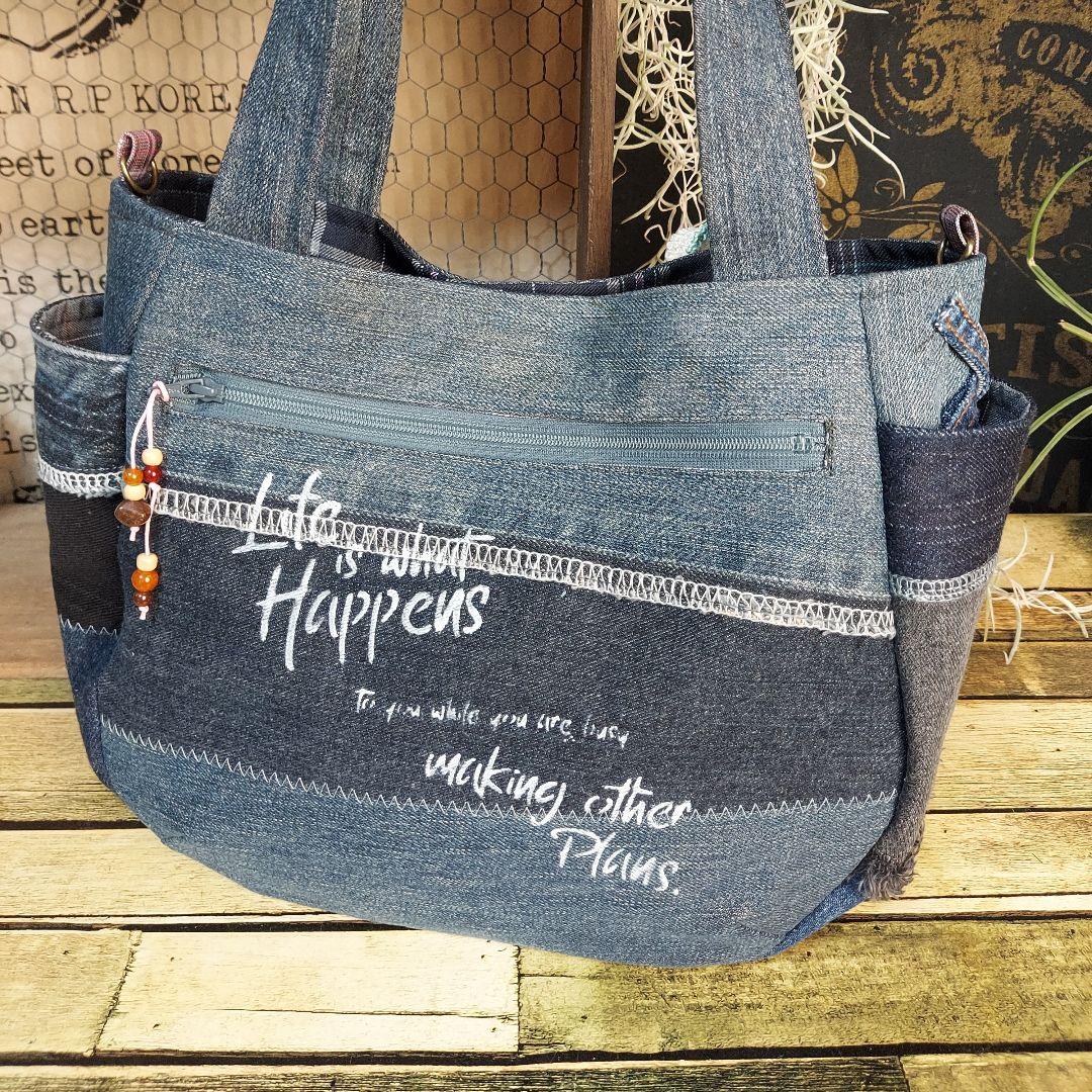 刺繍デニムバック　No.676　デニムリメイク　刺繍バック　丸いバック