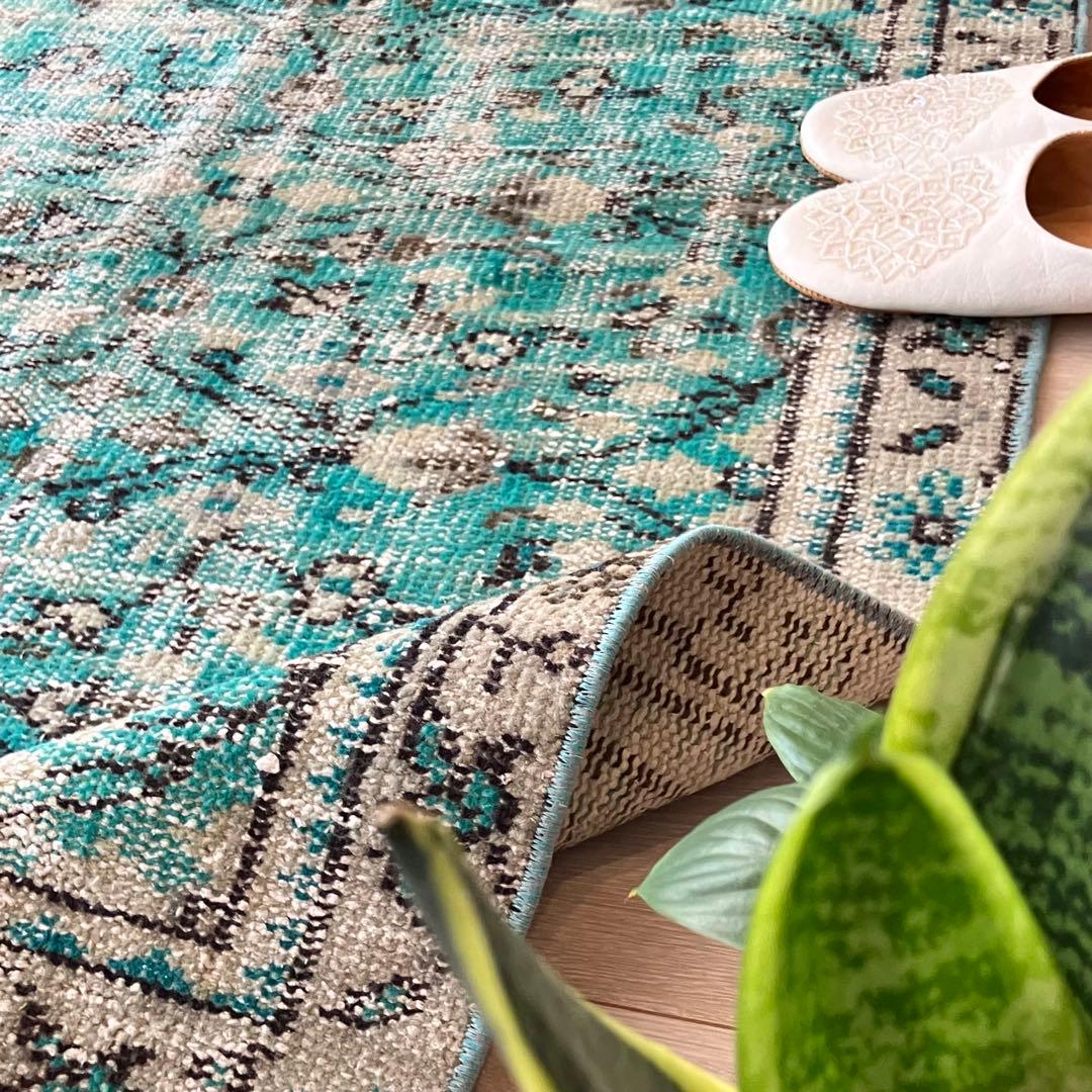 スカイブルー✳︎91×192✳︎ペールグレー　満載フラワー　トルコヴィンテージラグ