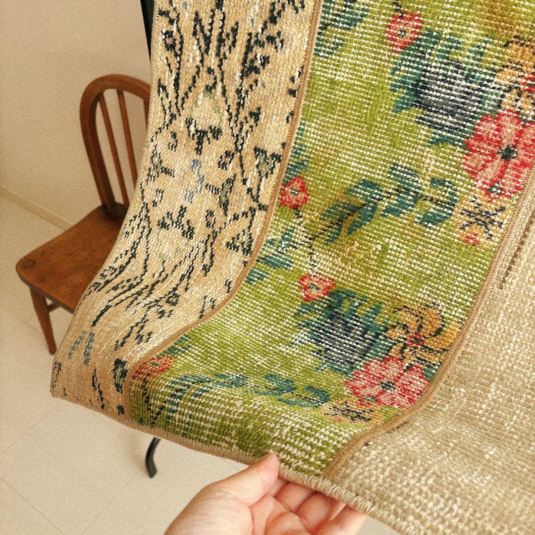 トルコ　ヴィンテージ　ラグ　パッチワーク　グリーン　ベージュ