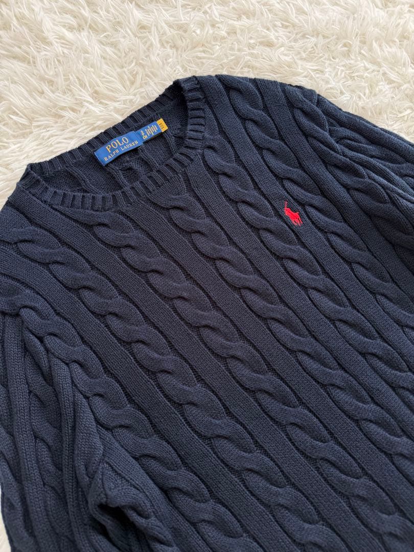 現行 ポロラルフローレン ケーブルニット メンズS ユニセックス 濃紺 ネイビー