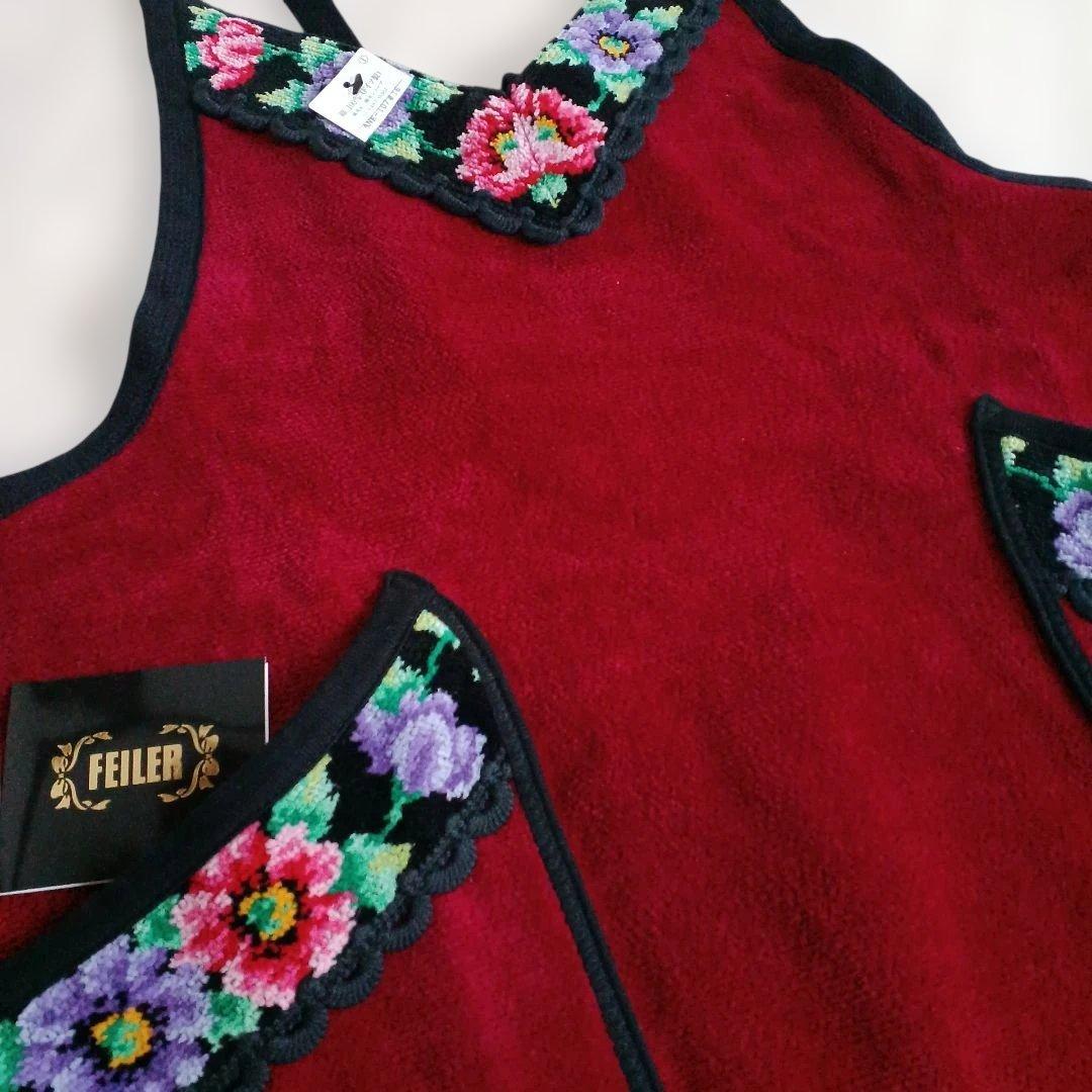 FEILER 花柄刺繍エプロン 赤