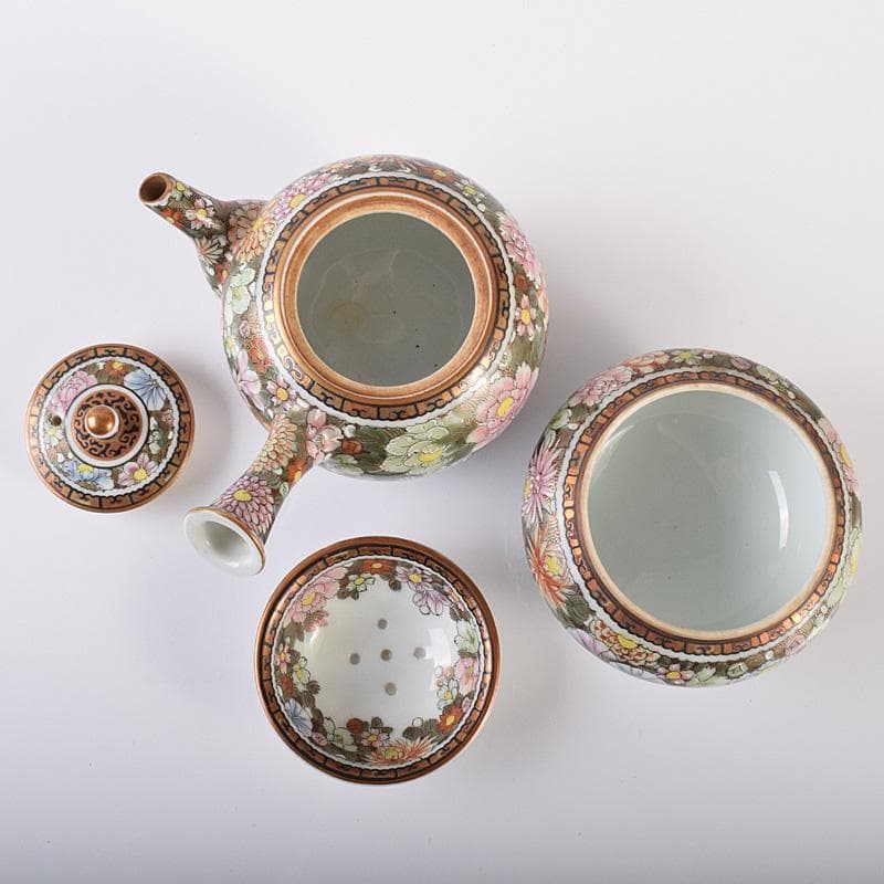 ぶりぶり煎茶道具　九谷焼　長寿造　色絵金彩　百花文　茶器揃　K　R8034