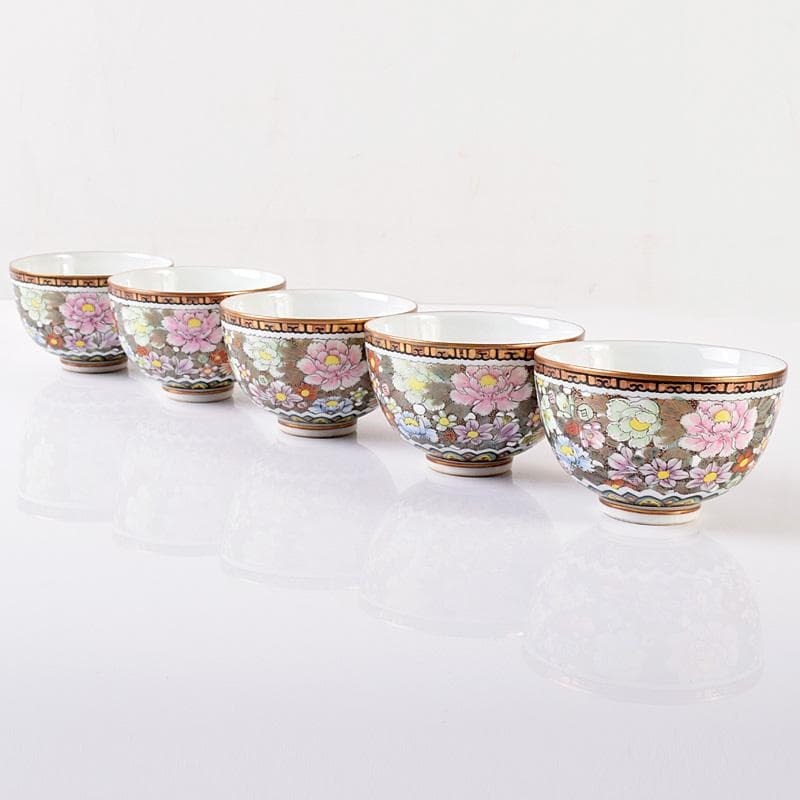 ぶりぶり煎茶道具　九谷焼　長寿造　色絵金彩　百花文　茶器揃　K　R8034