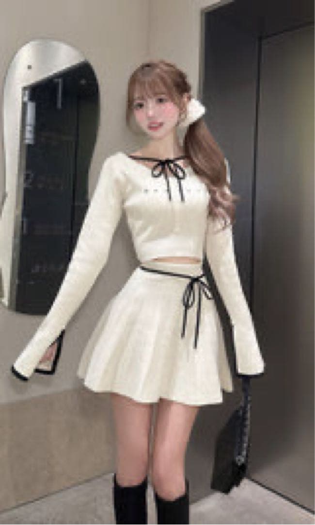 【即日発送】ウエストオープンリボンデザインニットミニワンピース　Darich