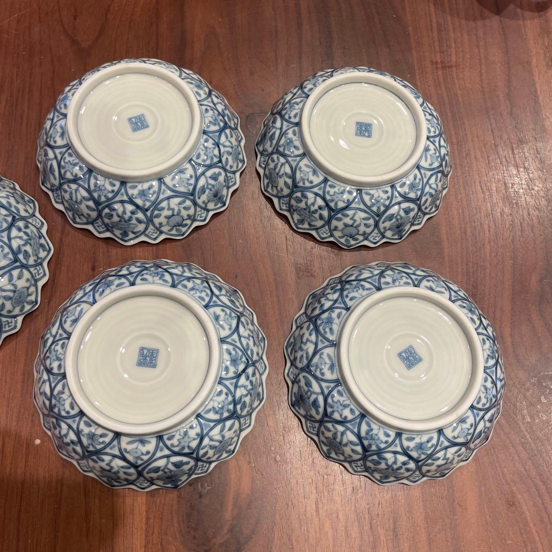 龍峰窯　花鳥図　染付　中鉢揃　5枚セット　中皿　輪花皿　古伊万里　更紗