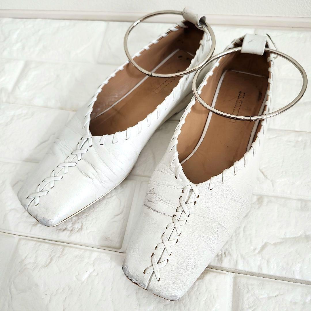 ジル・サンダー　ホワイト レザー フラットシューズ 編み込み　箱袋付