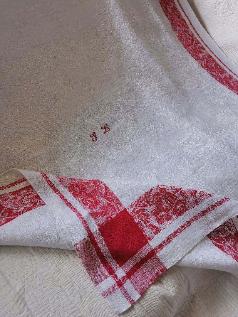 アンティーク ダマスクリネン 風鈴草 釣鐘草 百合の大判クロス フランス購入