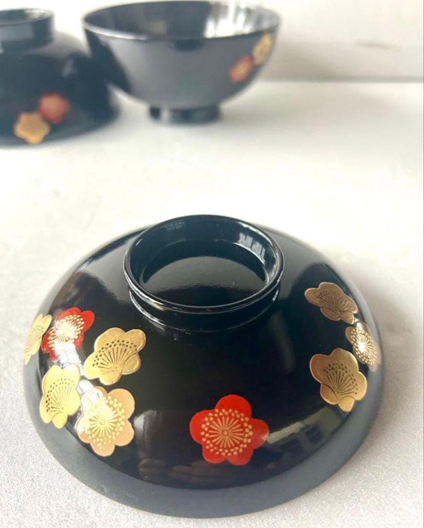 高級漆器 伝統工芸 漆塗 蓋付き お吸物椀 お正月 5客　梅 金蒔絵 会津塗