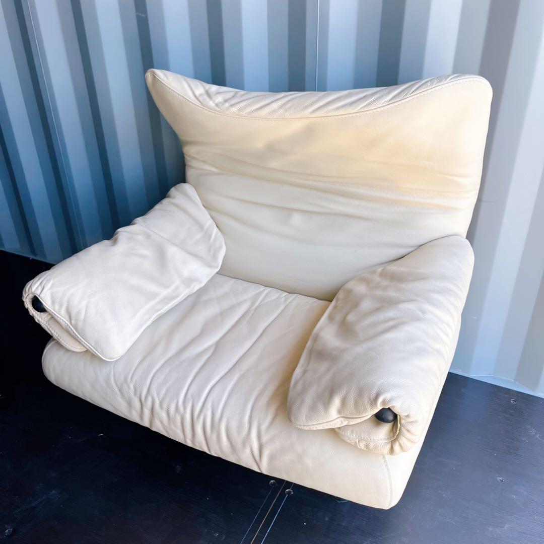 取付無料！IDC大塚家具 ポルトロメック ジェミニ 総本革アイボリー1Pソファ✨