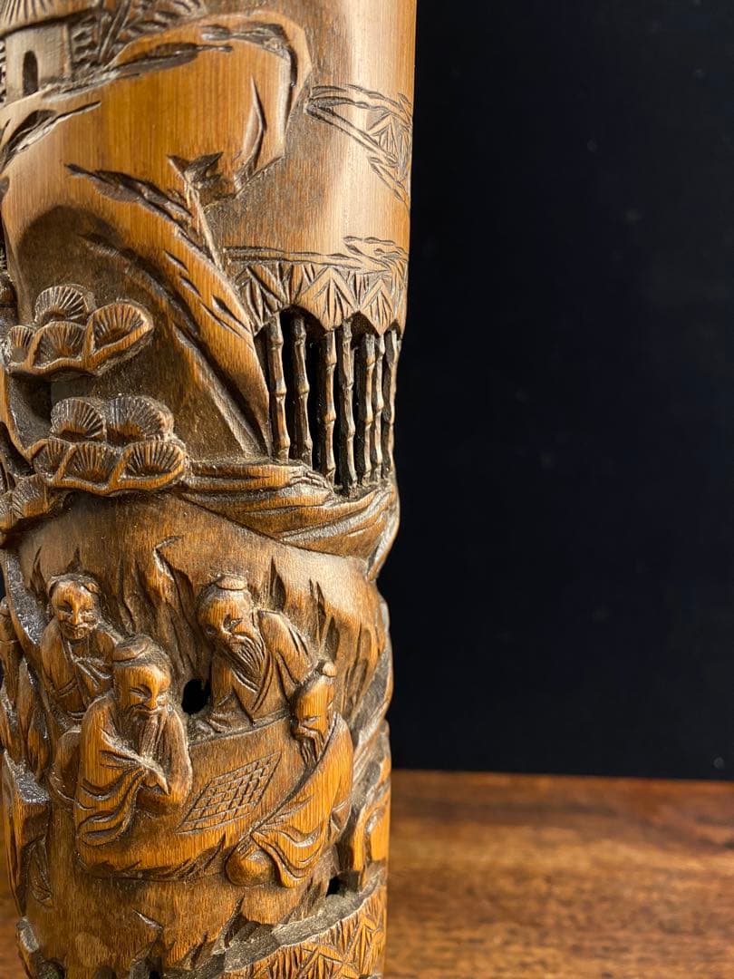 ダ*吉様 香筒　竹製透かし彫刻　中国古美術　香立