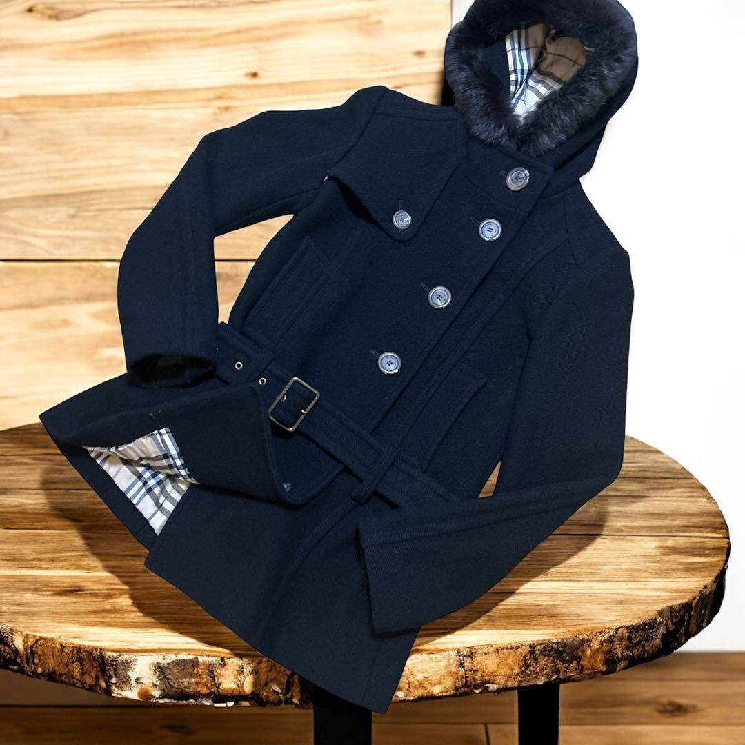 可愛い バーバリーブルーレーベル　コート　ウール　ファー　ベルト　フード　Ｌ